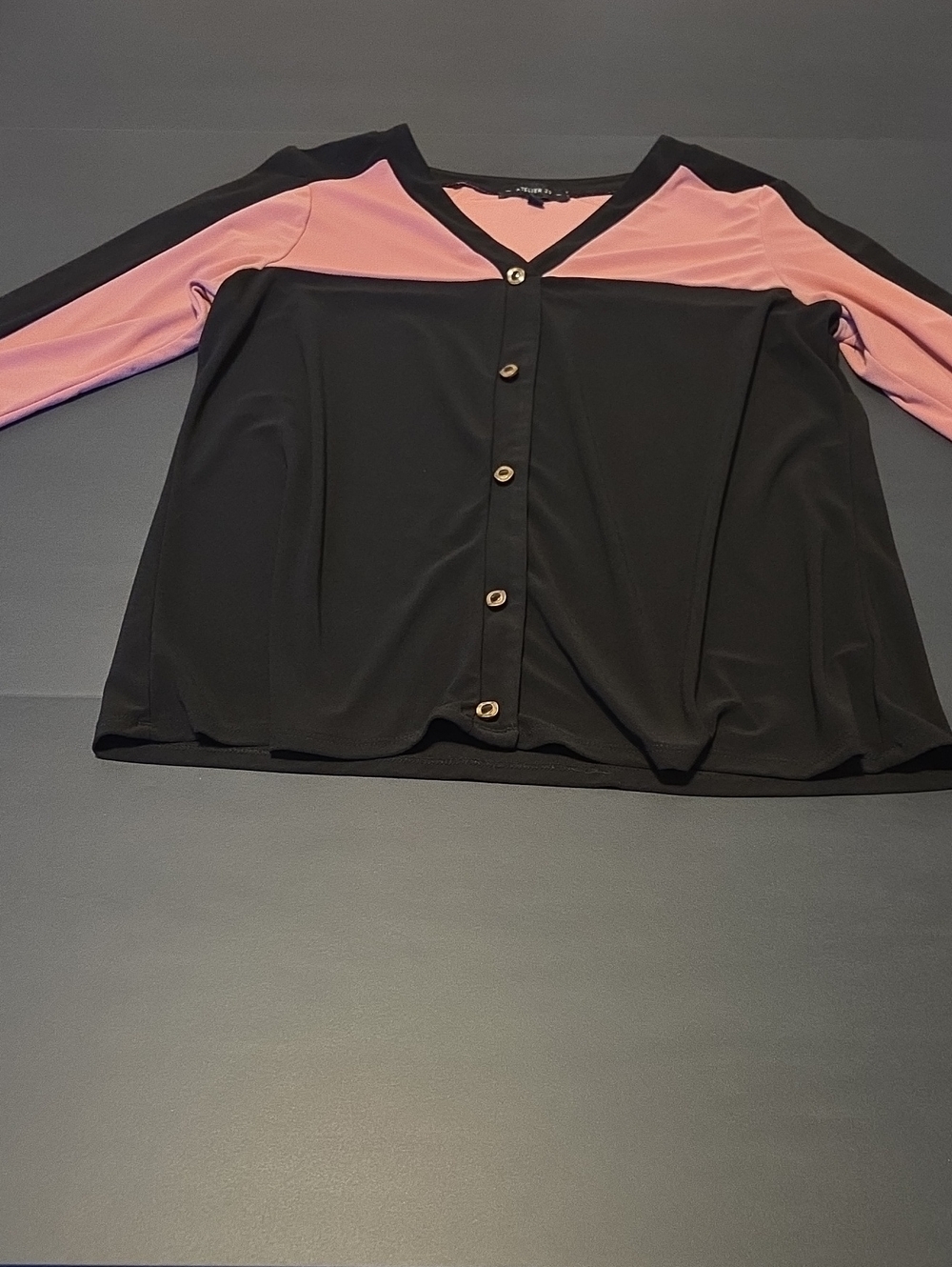 Relaxed False Button-Front V-Neck Blouse in Black and Pink